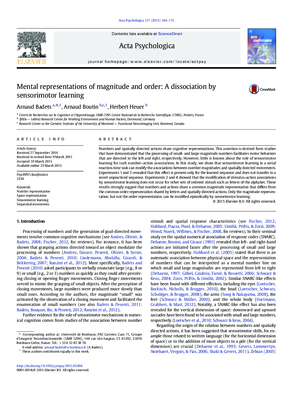 Mental representations of magnitude and order: A dissociation by sensorimotor learning