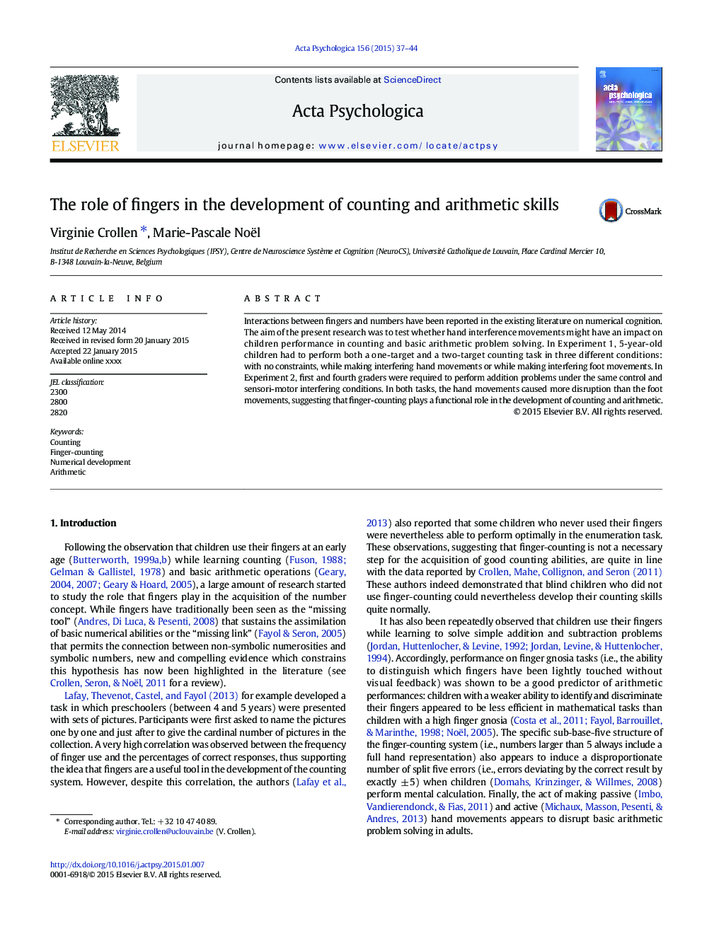 The role of fingers in the development of counting and arithmetic skills