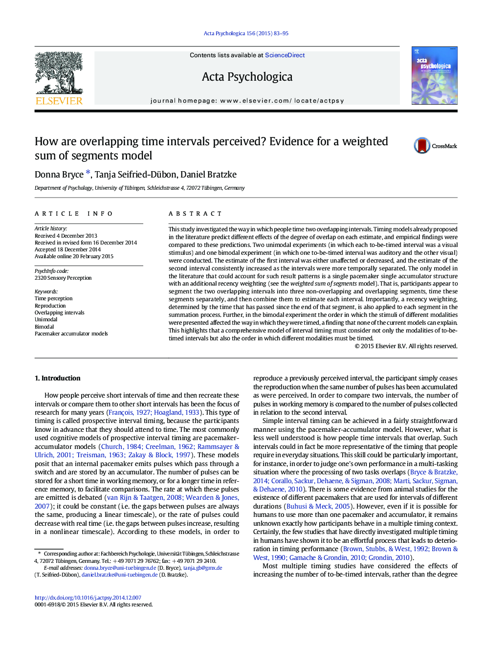 How are overlapping time intervals perceived? Evidence for a weighted sum of segments model