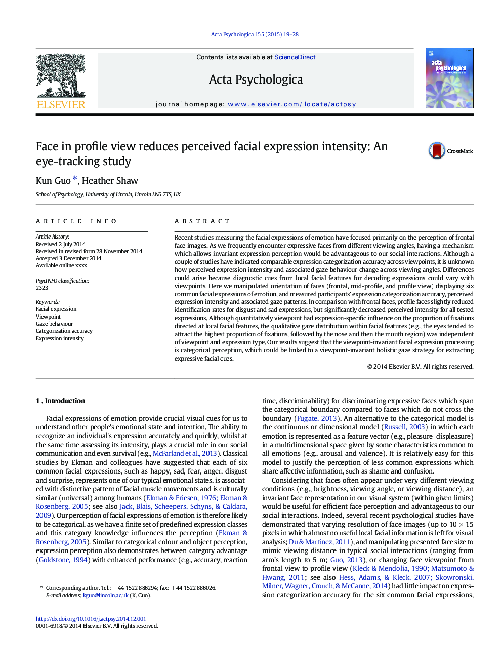 Face in profile view reduces perceived facial expression intensity: An eye-tracking study