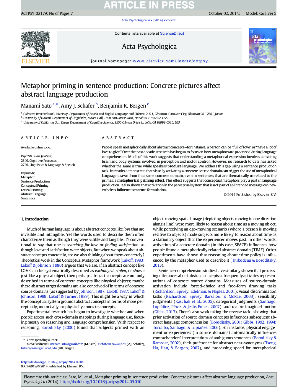 Metaphor priming in sentence production: Concrete pictures affect abstract language production