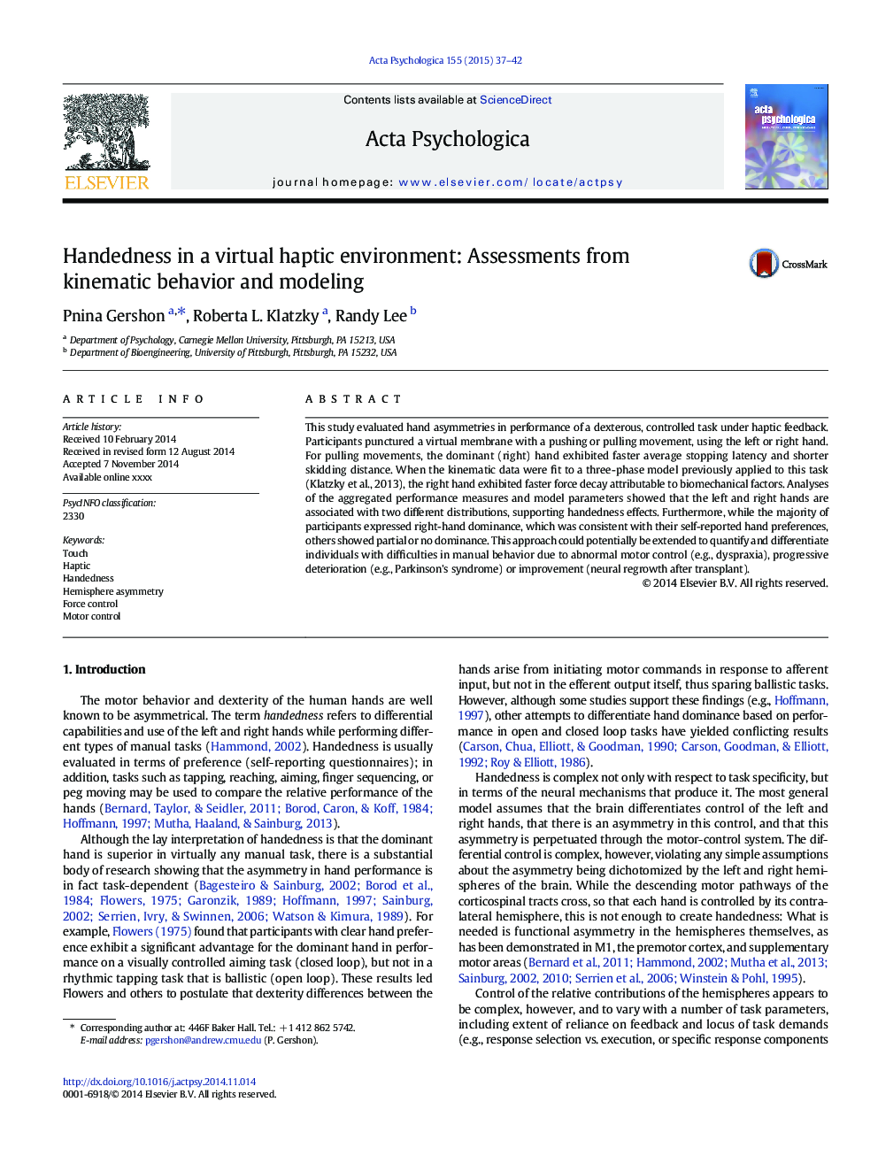 Handedness in a virtual haptic environment: Assessments from kinematic behavior and modeling