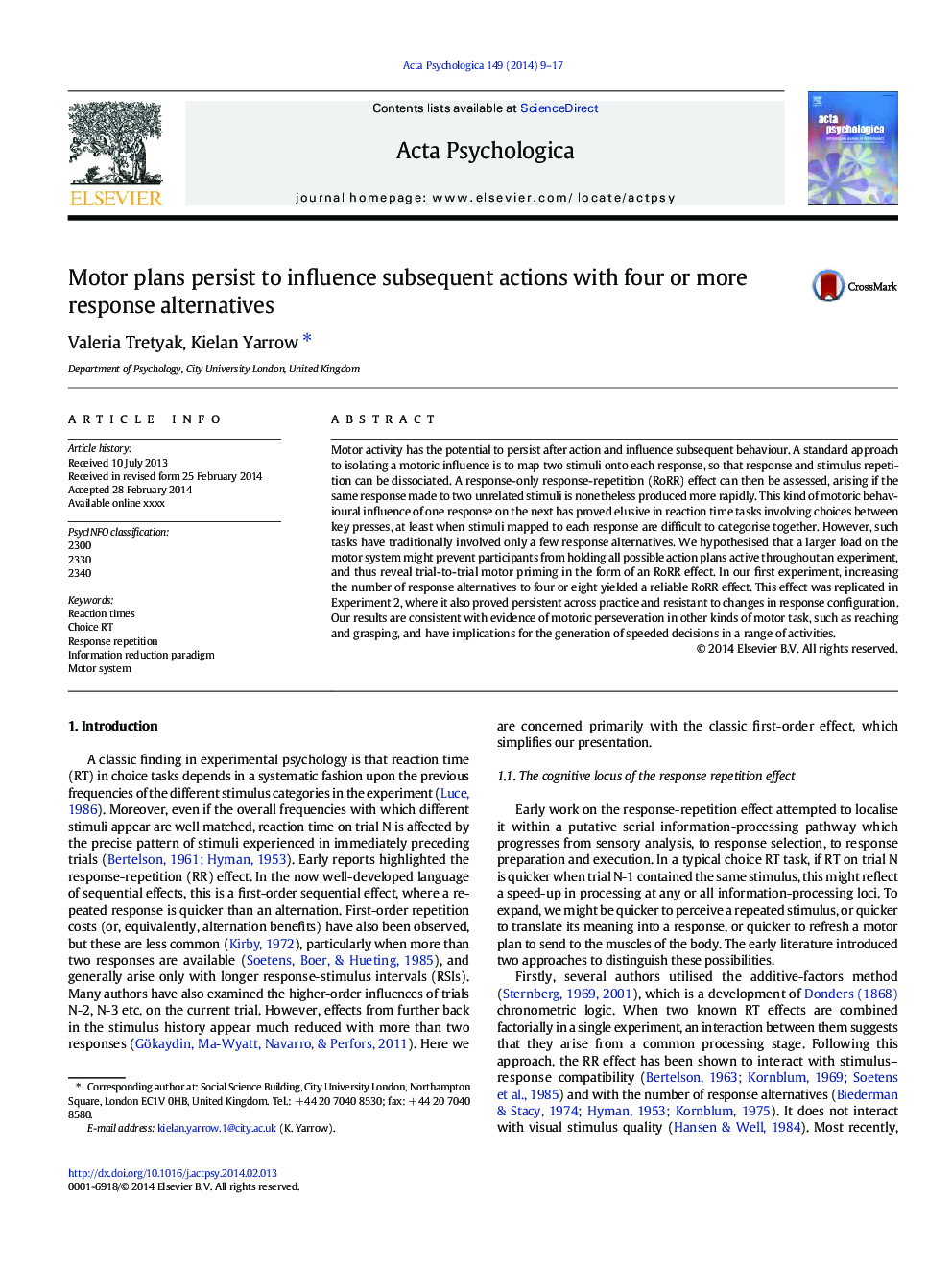 Motor plans persist to influence subsequent actions with four or more response alternatives