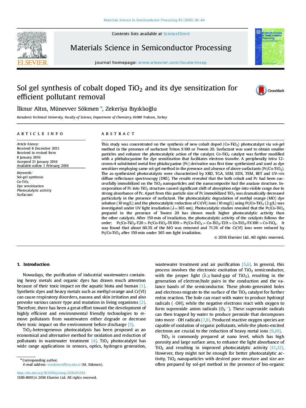 Sol gel synthesis of cobalt doped TiO2 and its dye sensitization for efficient pollutant removal