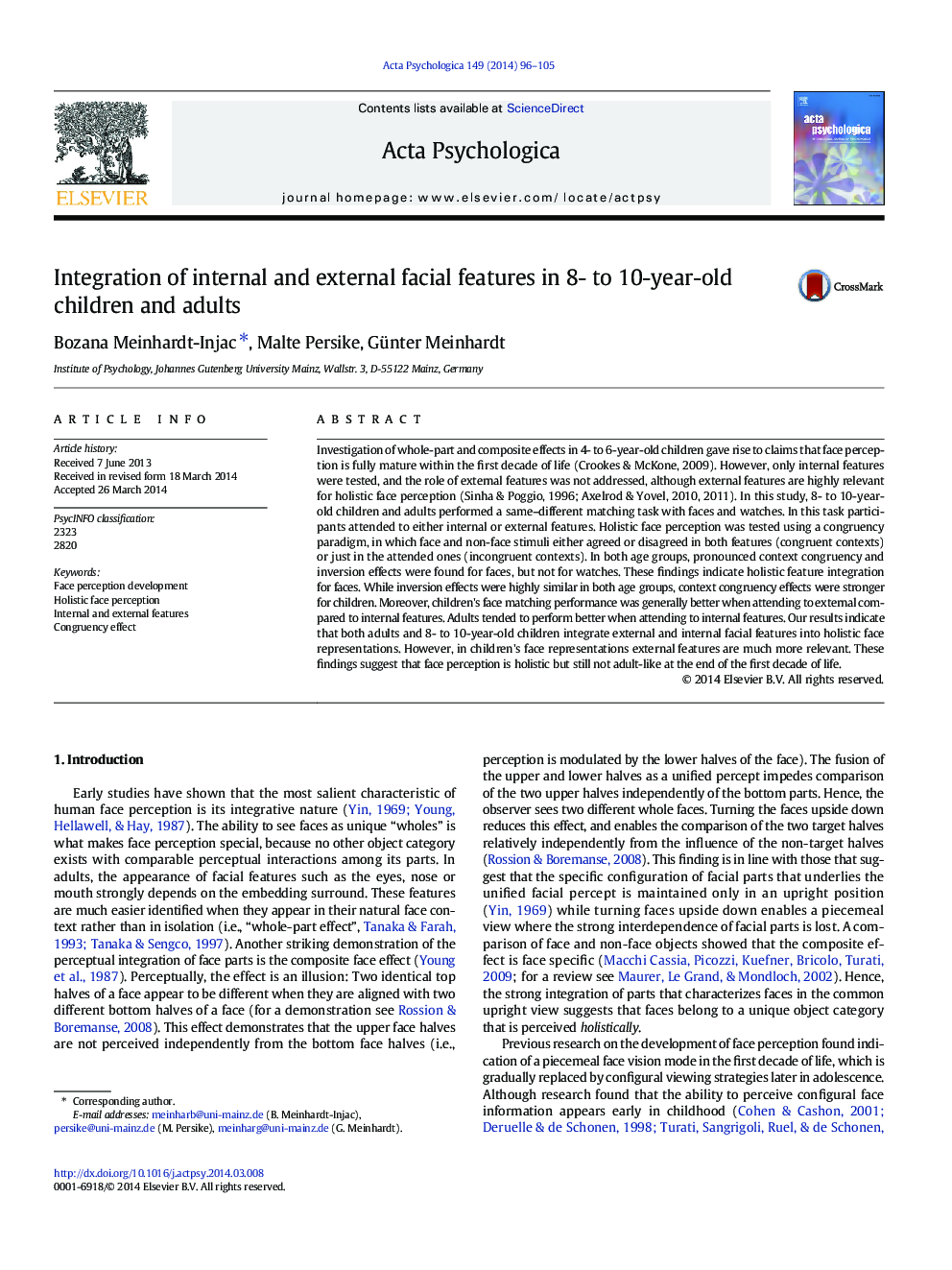 Integration of internal and external facial features in 8- to 10-year-old children and adults