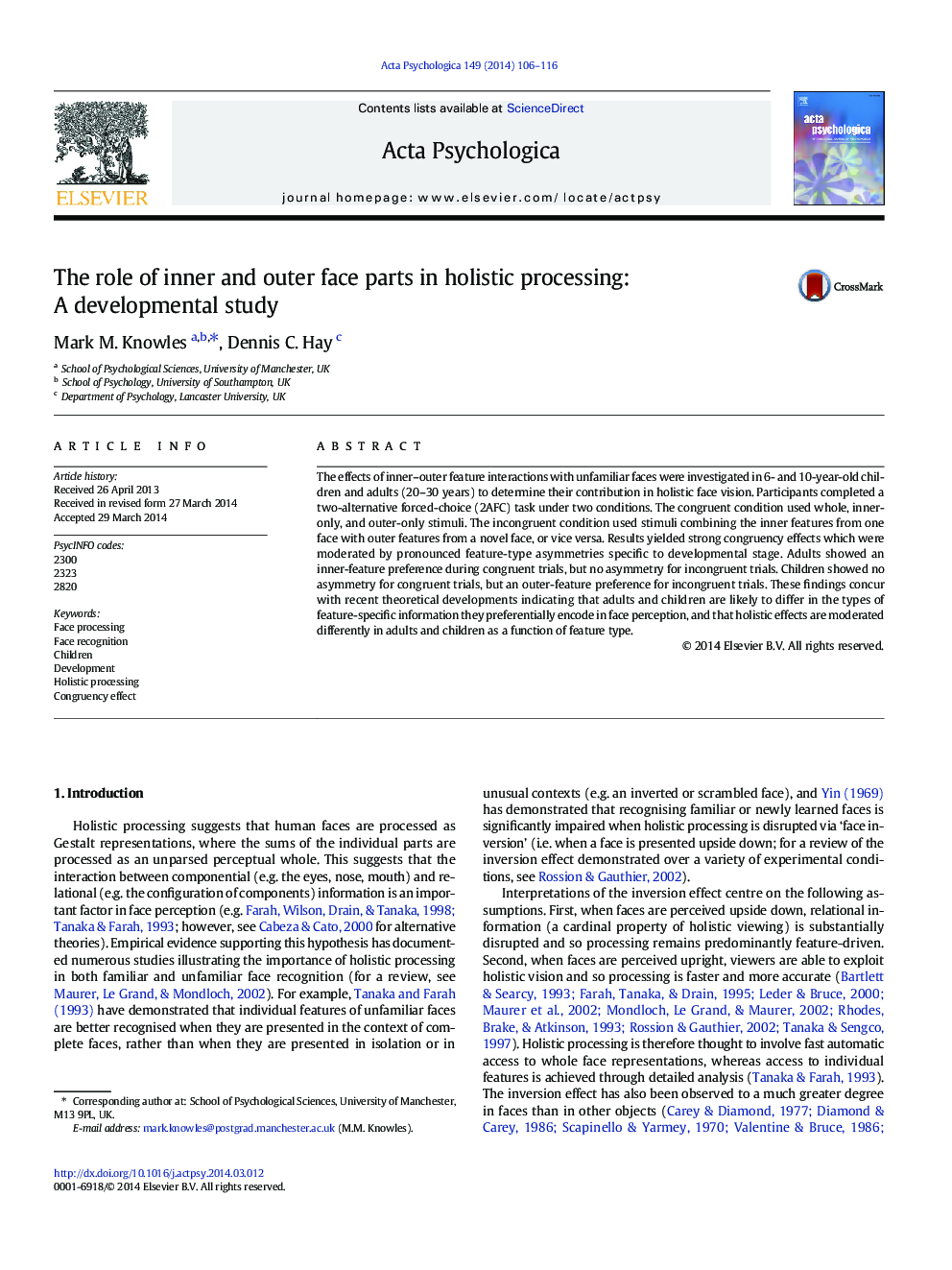 The role of inner and outer face parts in holistic processing: A developmental study