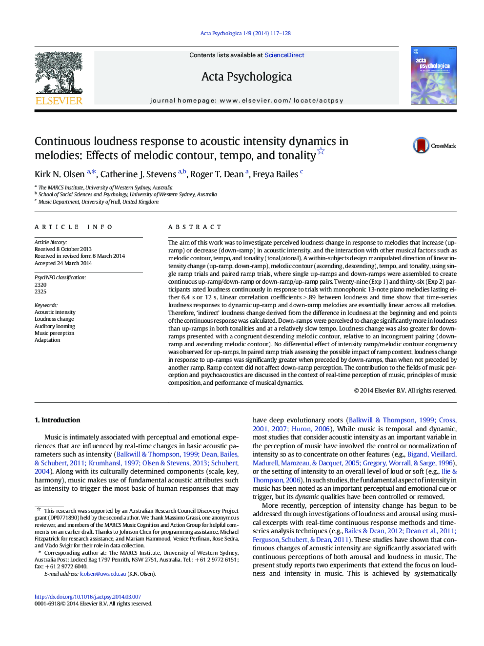 Continuous loudness response to acoustic intensity dynamics in melodies: Effects of melodic contour, tempo, and tonality