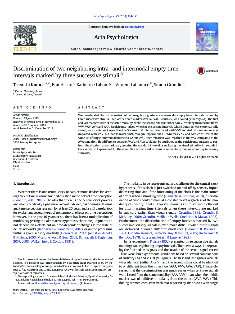 Discrimination of two neighboring intra- and intermodal empty time intervals marked by three successive stimuli