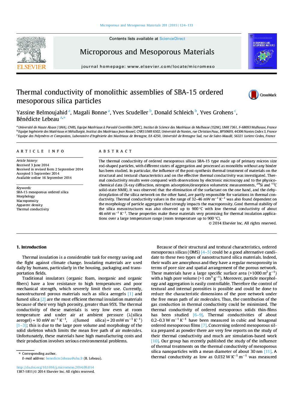 Thermal conductivity of monolithic assemblies of SBA-15 ordered mesoporous silica particles