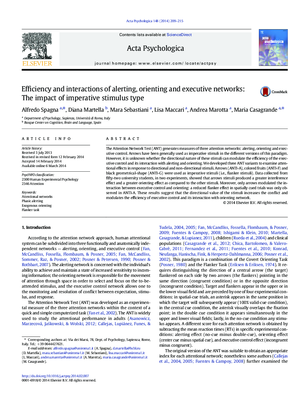 Efficiency and interactions of alerting, orienting and executive networks: The impact of imperative stimulus type