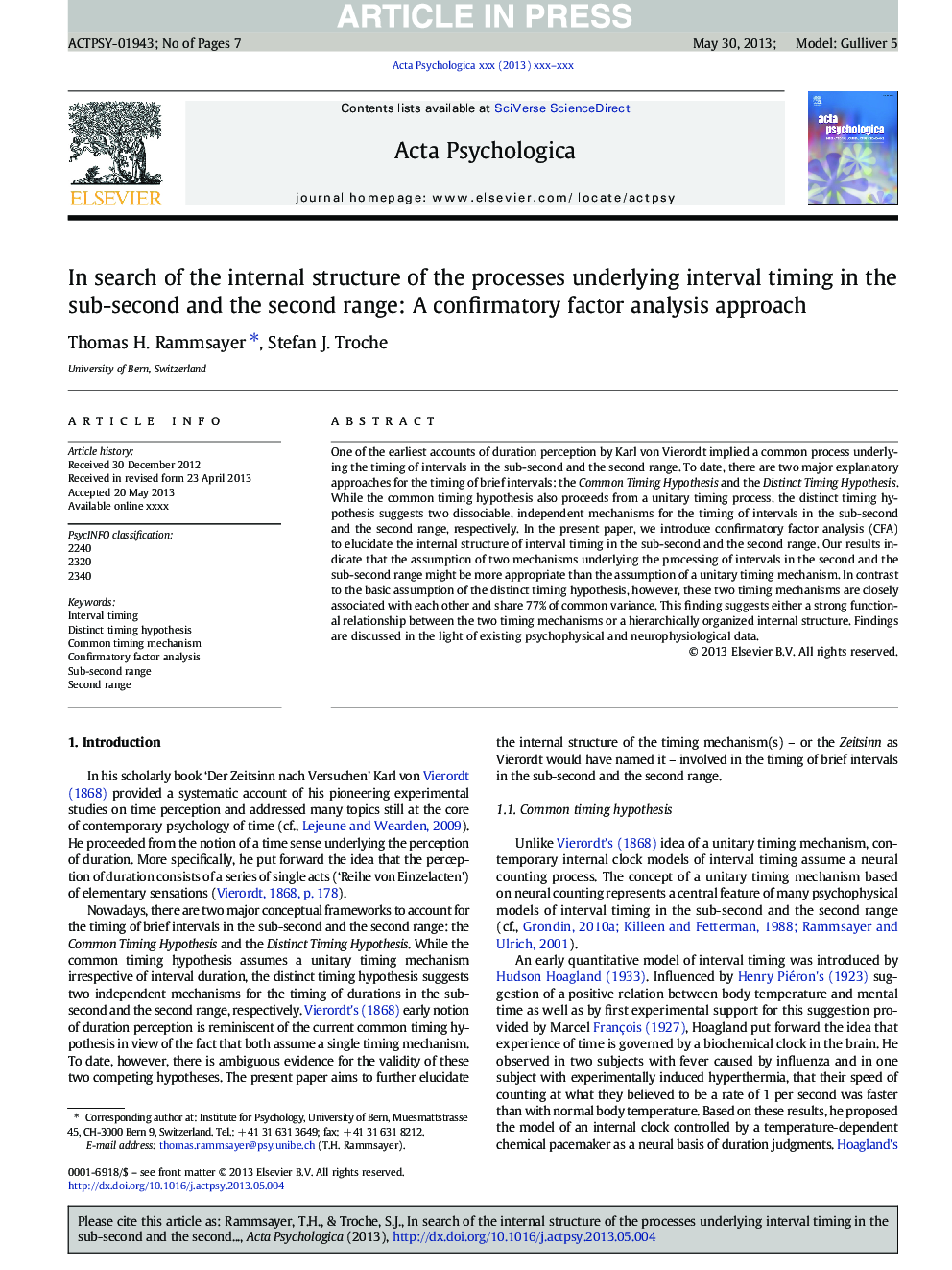 In search of the internal structure of the processes underlying interval timing in the sub-second and the second range: A confirmatory factor analysis approach