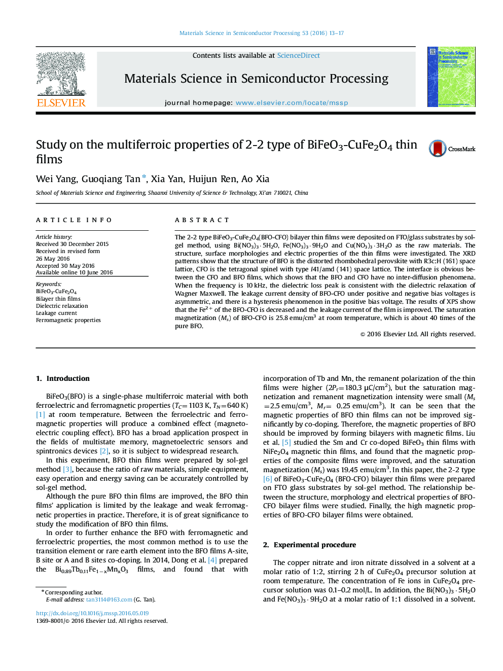 Study on the multiferroic properties of 2-2 type of BiFeO3-CuFe2O4 thin films