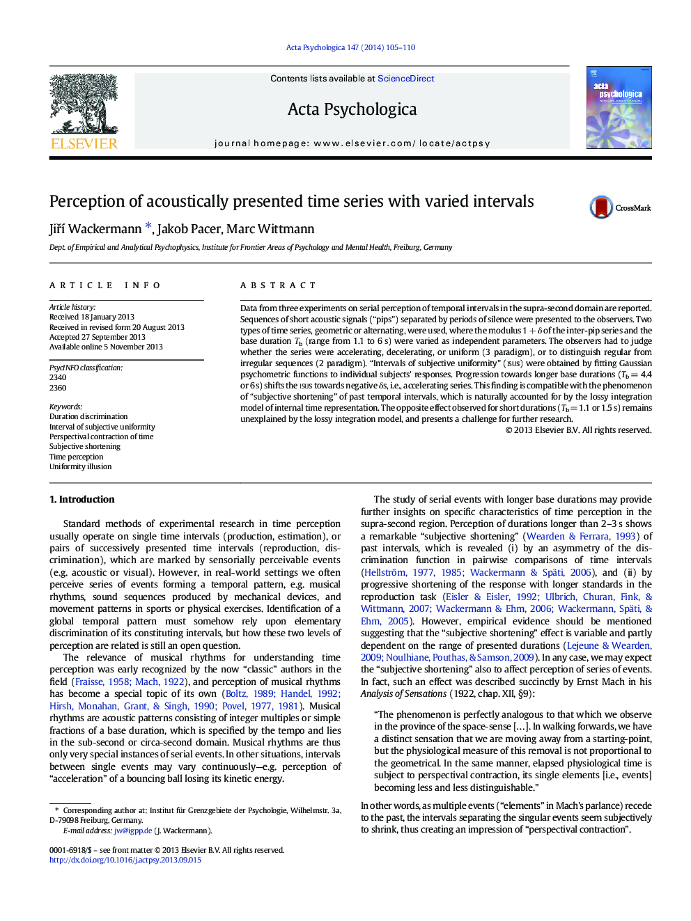 Perception of acoustically presented time series with varied intervals