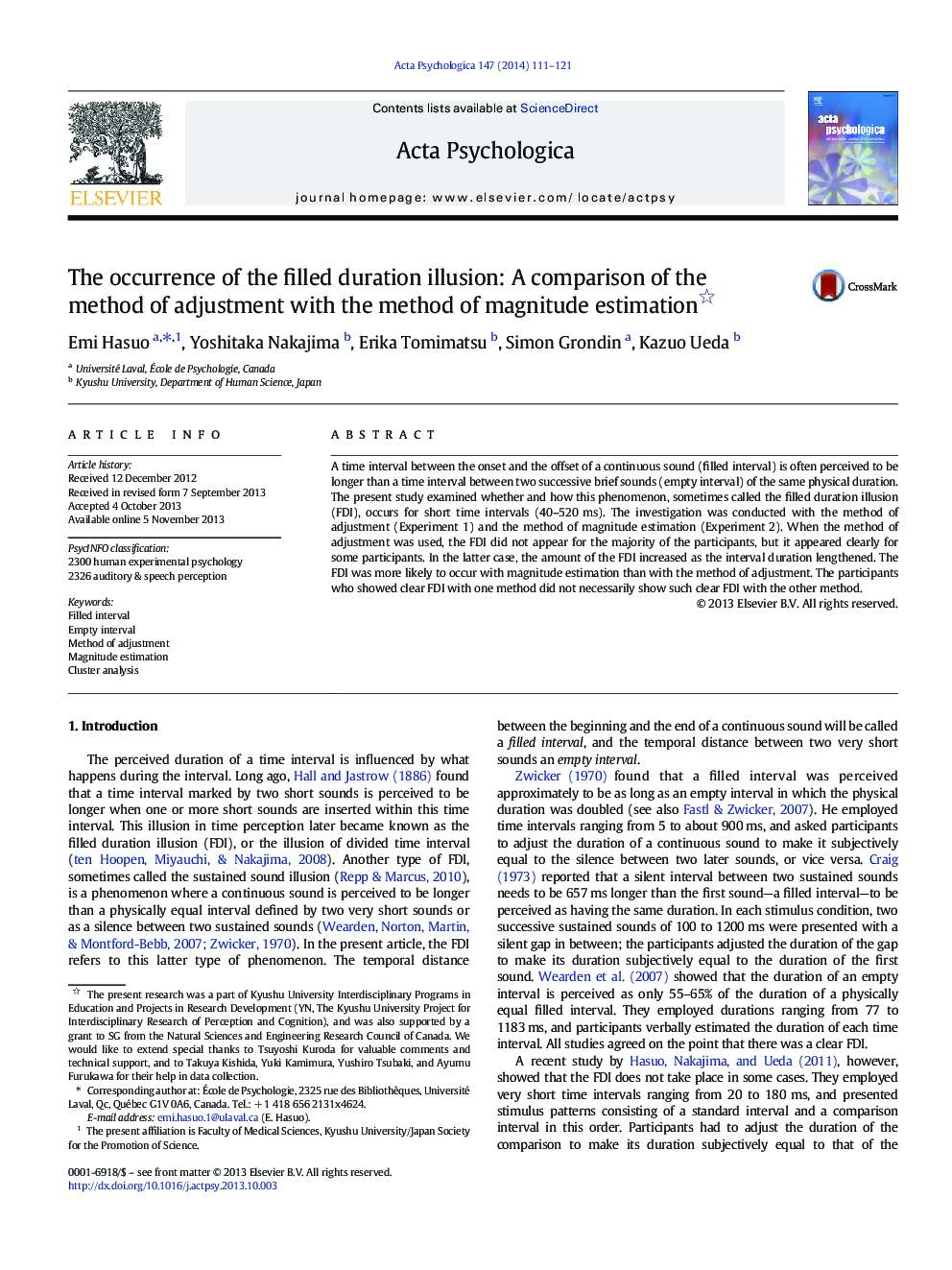 The occurrence of the filled duration illusion: A comparison of the method of adjustment with the method of magnitude estimation