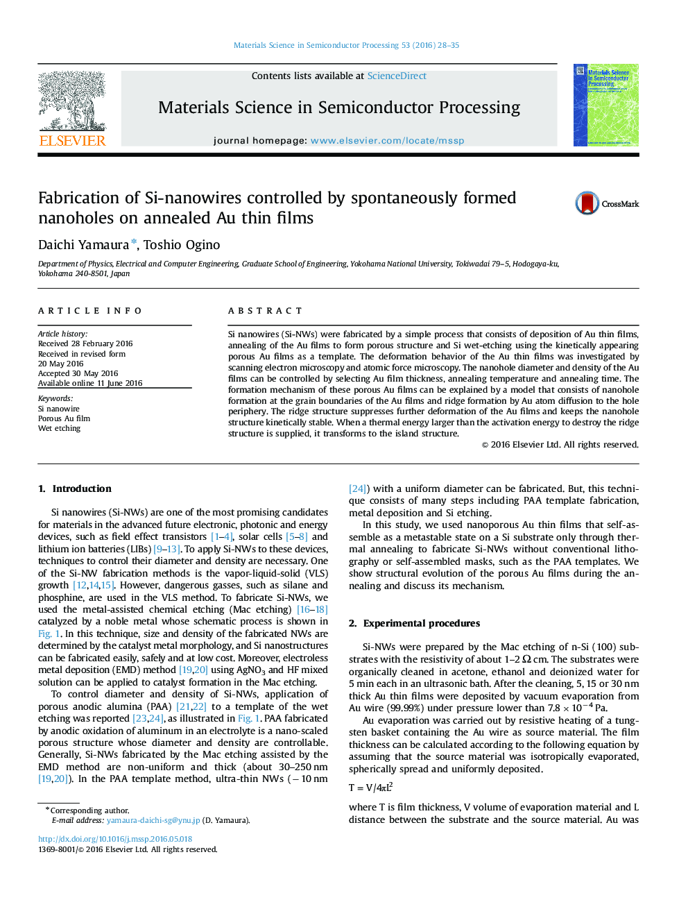 Fabrication of Si-nanowires controlled by spontaneously formed nanoholes on annealed Au thin films