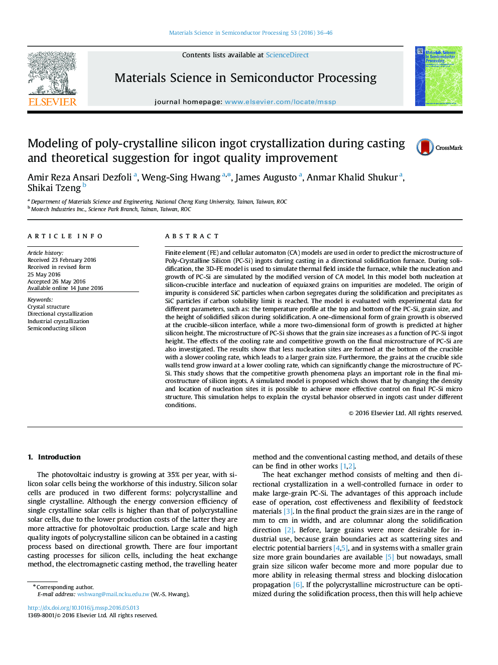 Modeling of poly-crystalline silicon ingot crystallization during casting and theoretical suggestion for ingot quality improvement