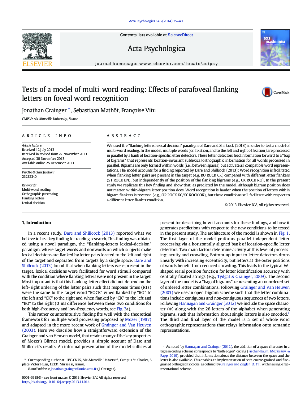 Tests of a model of multi-word reading: Effects of parafoveal flanking letters on foveal word recognition