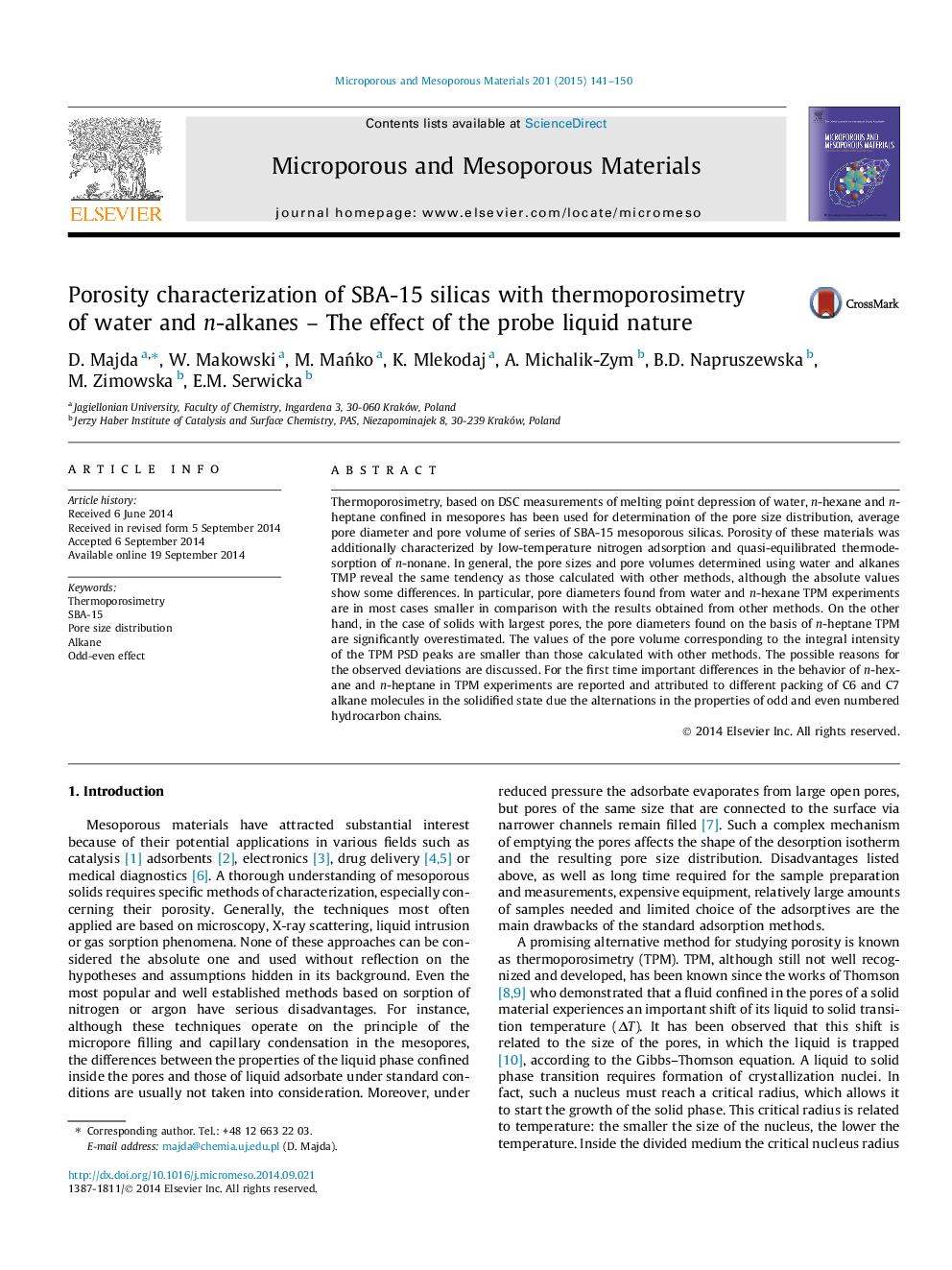 Porosity characterization of SBA-15 silicas with thermoporosimetry of water and n-alkanes – The effect of the probe liquid nature