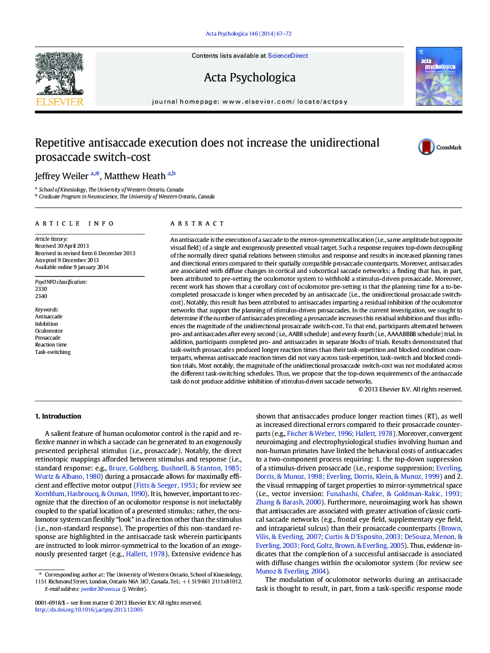 Repetitive antisaccade execution does not increase the unidirectional prosaccade switch-cost