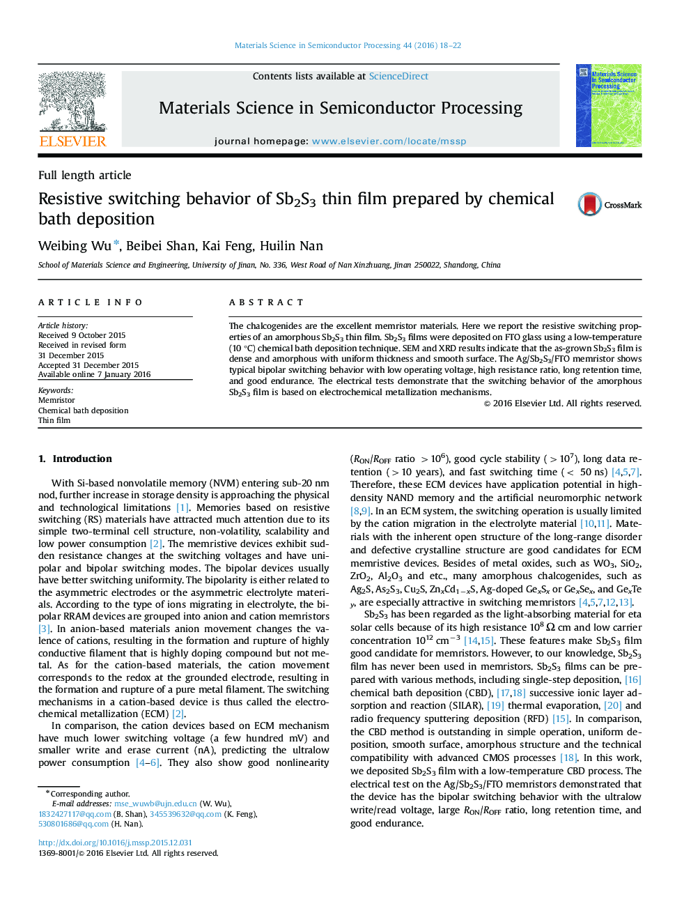 Resistive switching behavior of Sb2S3 thin film prepared by chemical bath deposition