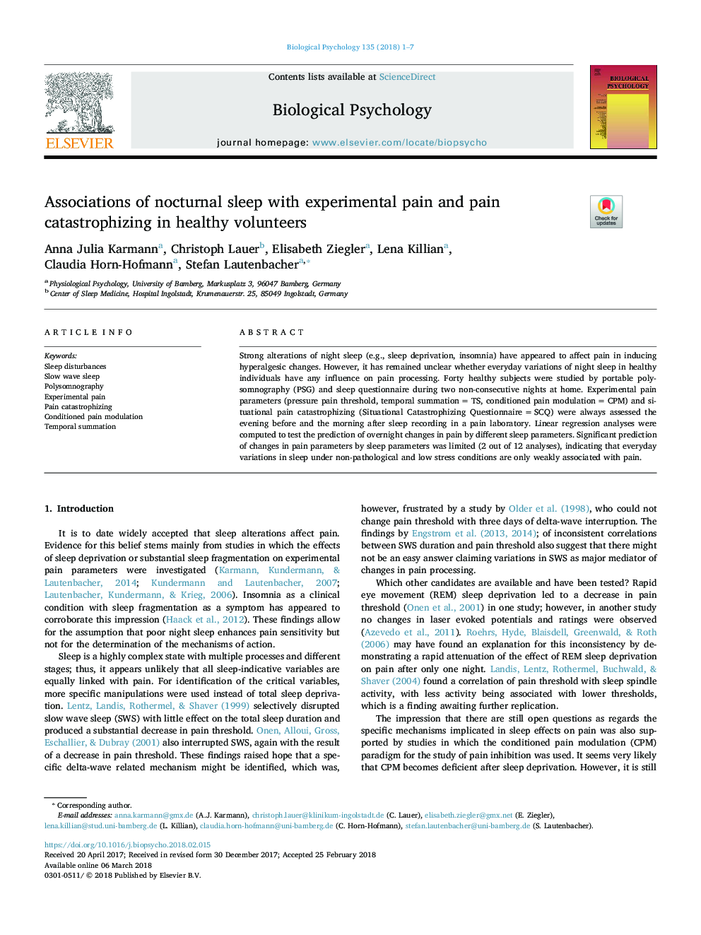 Associations of nocturnal sleep with experimental pain and pain catastrophizing in healthy volunteers