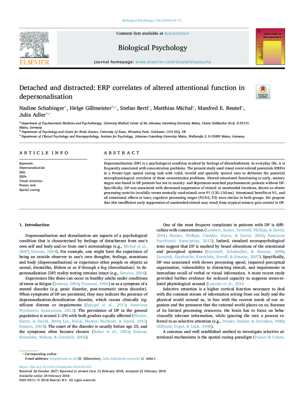 Detached and distracted: ERP correlates of altered attentional function in depersonalisation