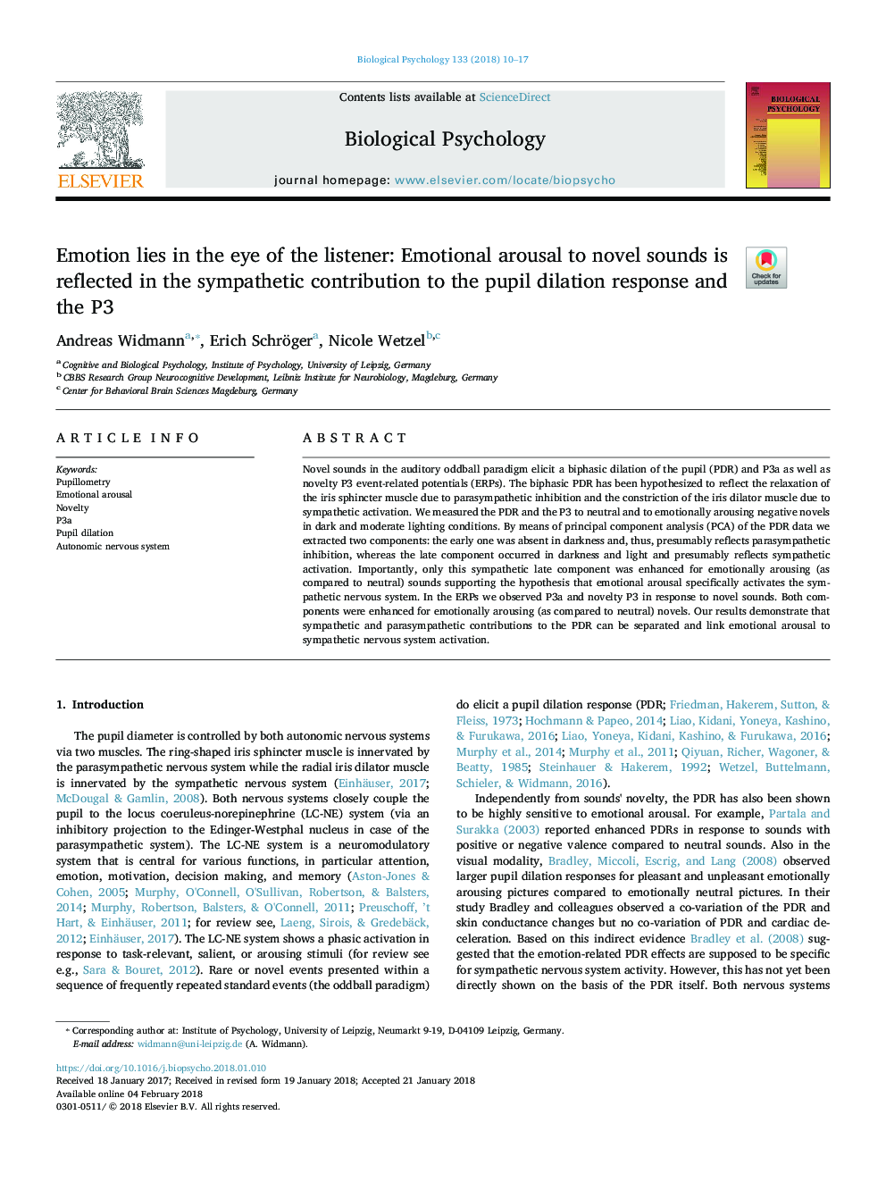 Emotion lies in the eye of the listener: Emotional arousal to novel sounds is reflected in the sympathetic contribution to the pupil dilation response and the P3