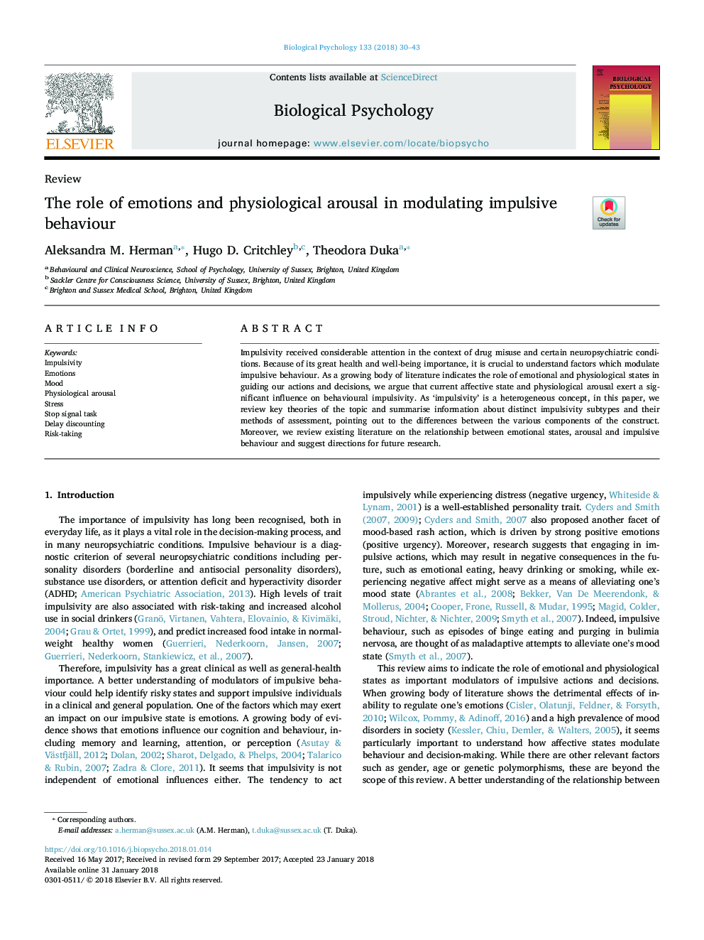 The role of emotions and physiological arousal in modulating impulsive behaviour