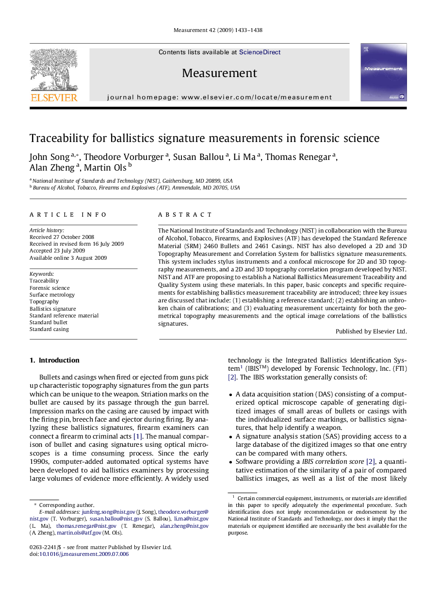 Traceability for ballistics signature measurements in forensic science