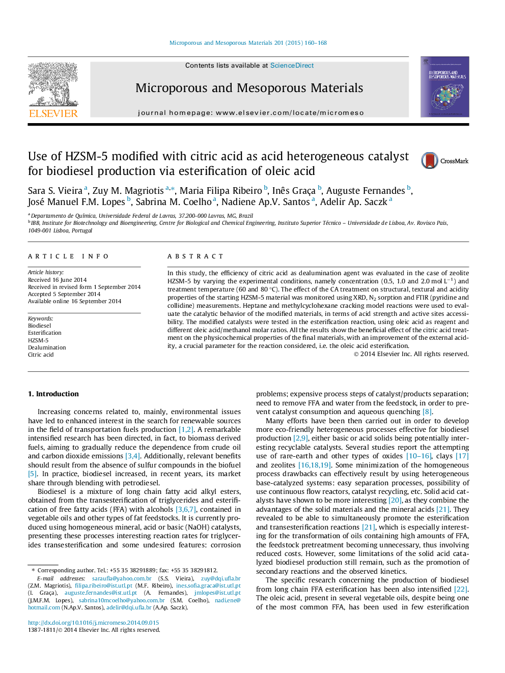 Use of HZSM-5 modified with citric acid as acid heterogeneous catalyst for biodiesel production via esterification of oleic acid