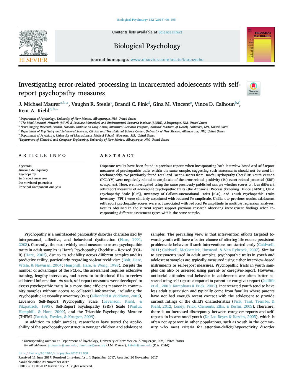 Investigating error-related processing in incarcerated adolescents with self-report psychopathy measures