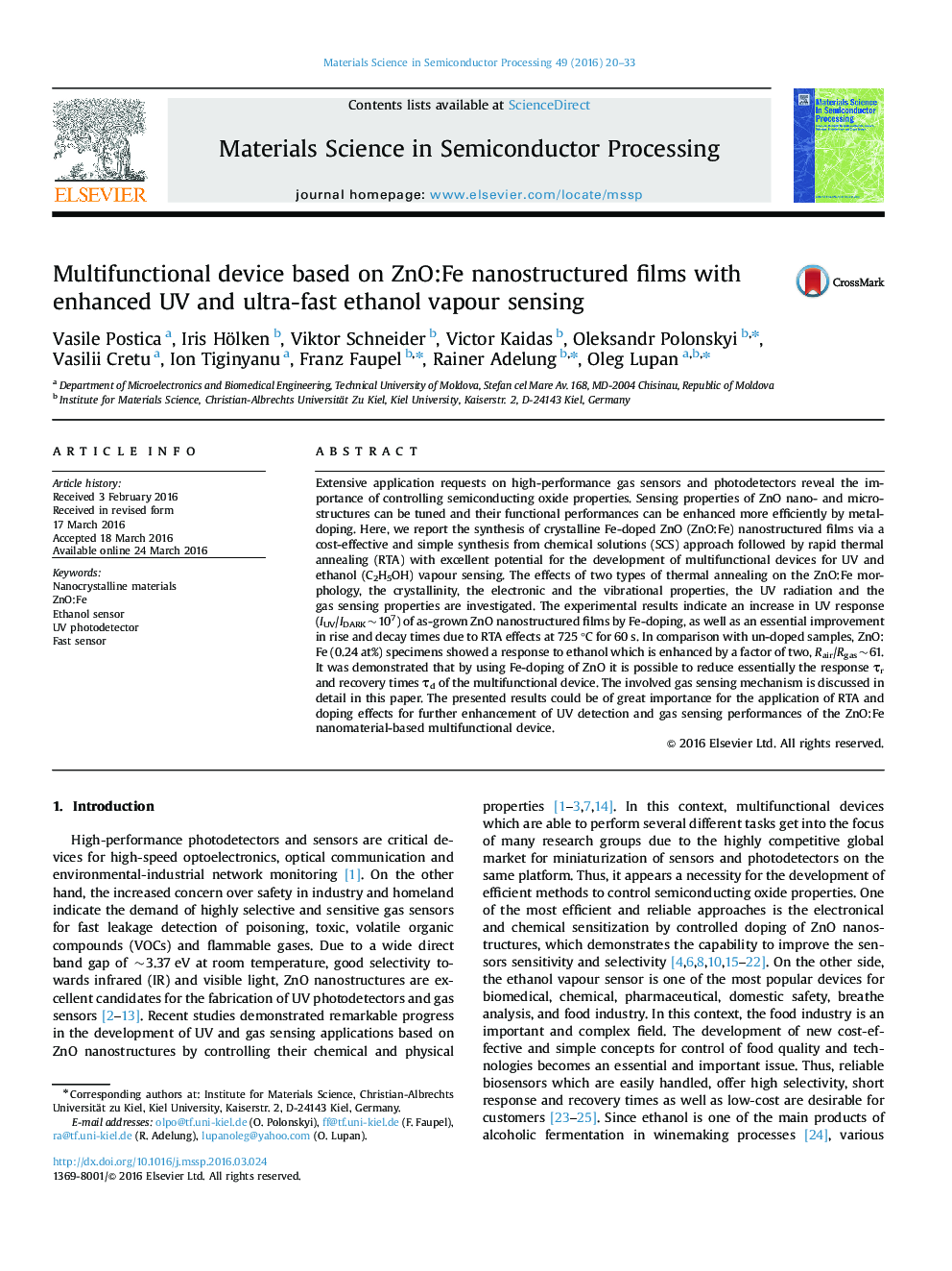 Multifunctional device based on ZnO:Fe nanostructured films with enhanced UV and ultra-fast ethanol vapour sensing