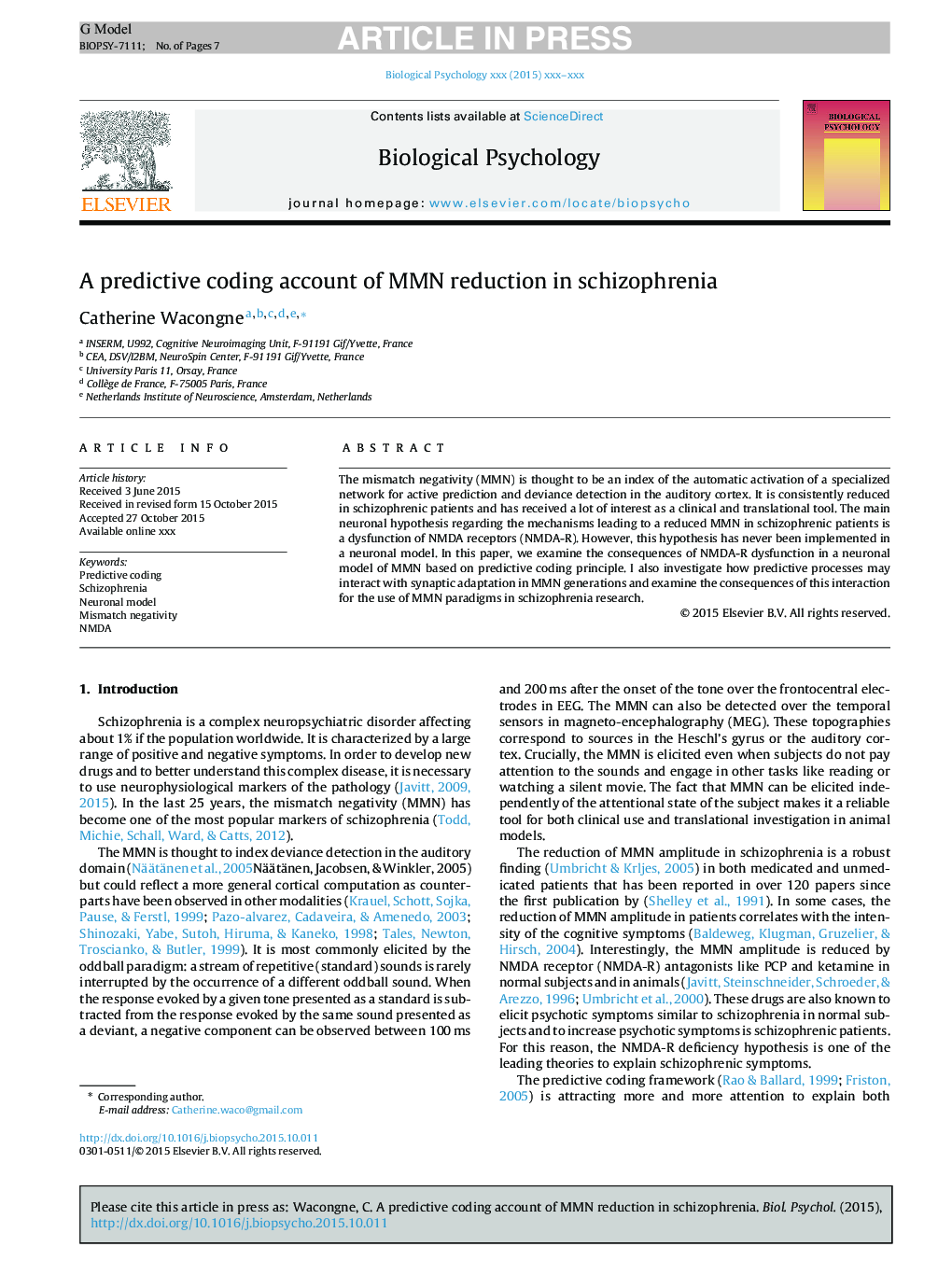 A predictive coding account of MMN reduction in schizophrenia