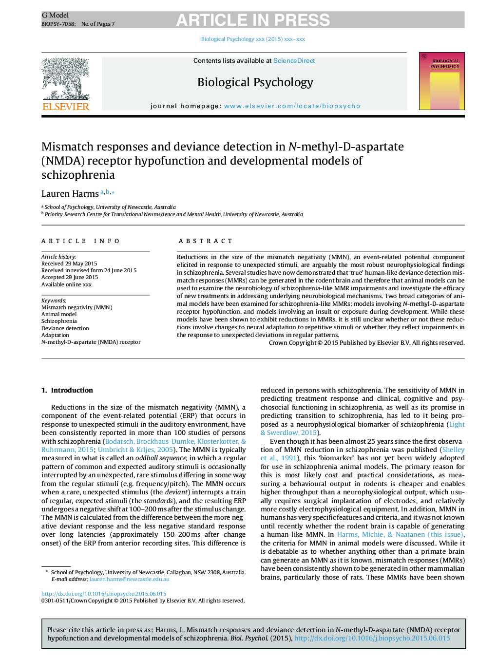 Mismatch responses and deviance detection in N-methyl-D-aspartate (NMDA) receptor hypofunction and developmental models of schizophrenia