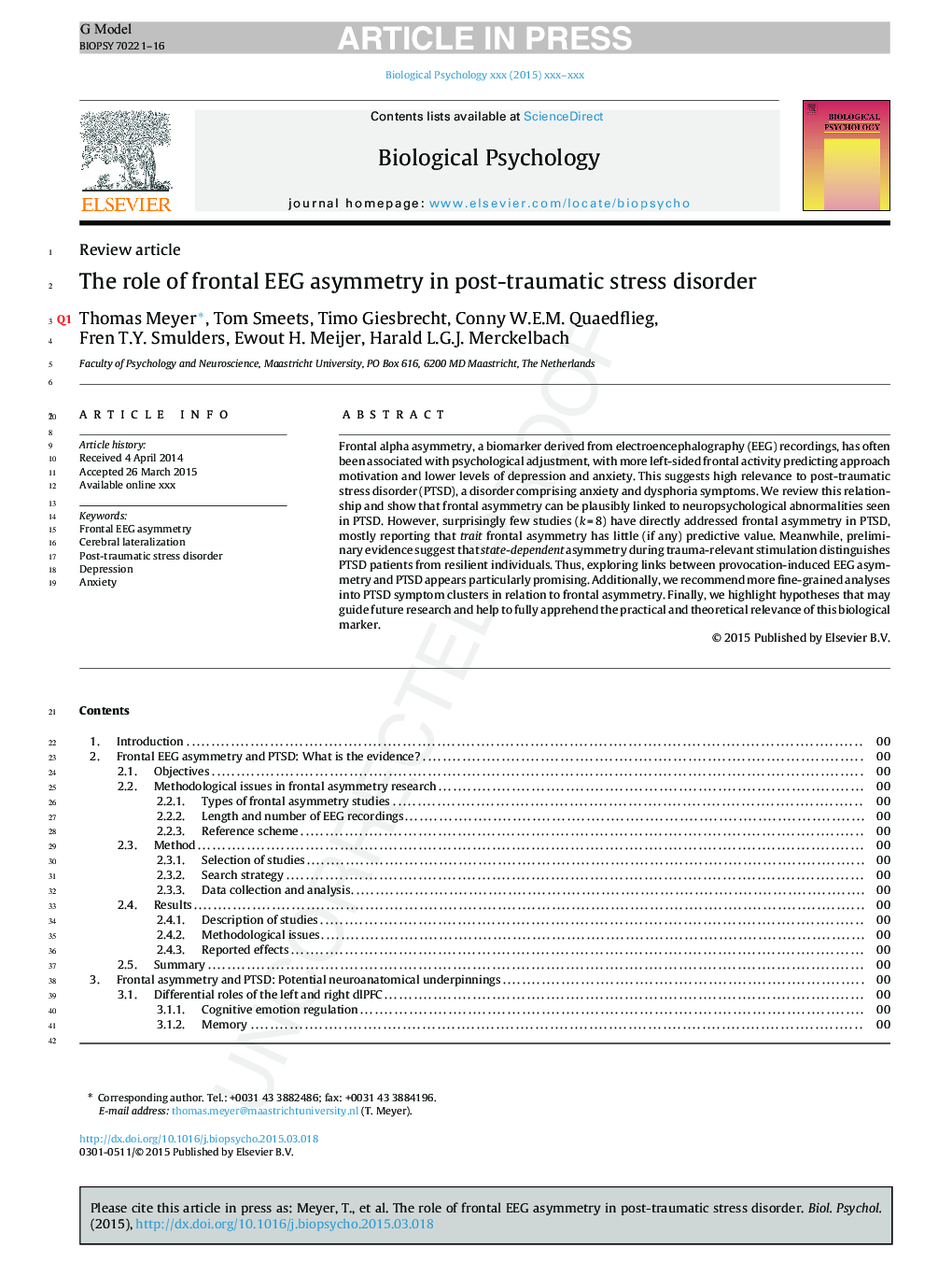 The role of frontal EEG asymmetry in post-traumatic stress disorder