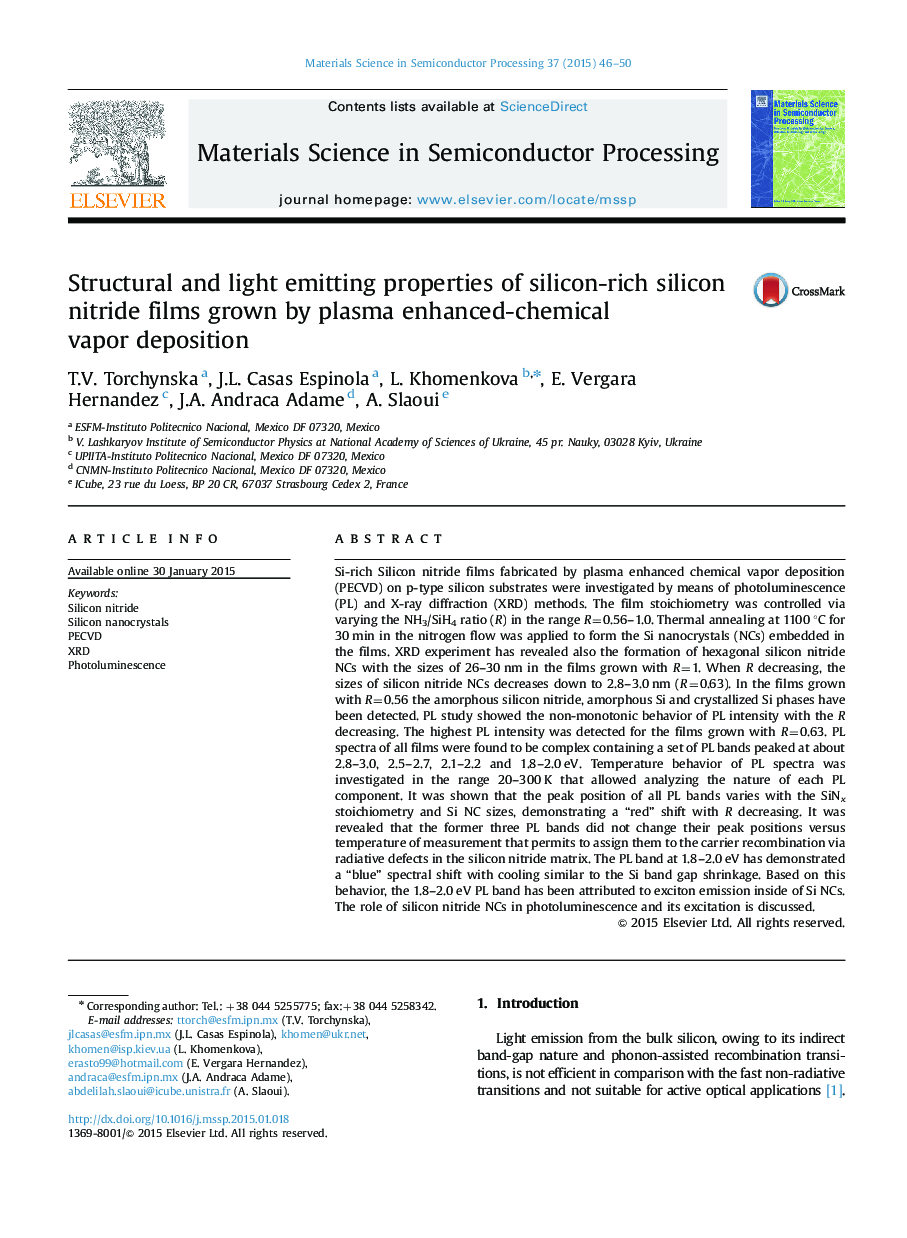 Structural and light emitting properties of silicon-rich silicon nitride films grown by plasma enhanced-chemical vapor deposition