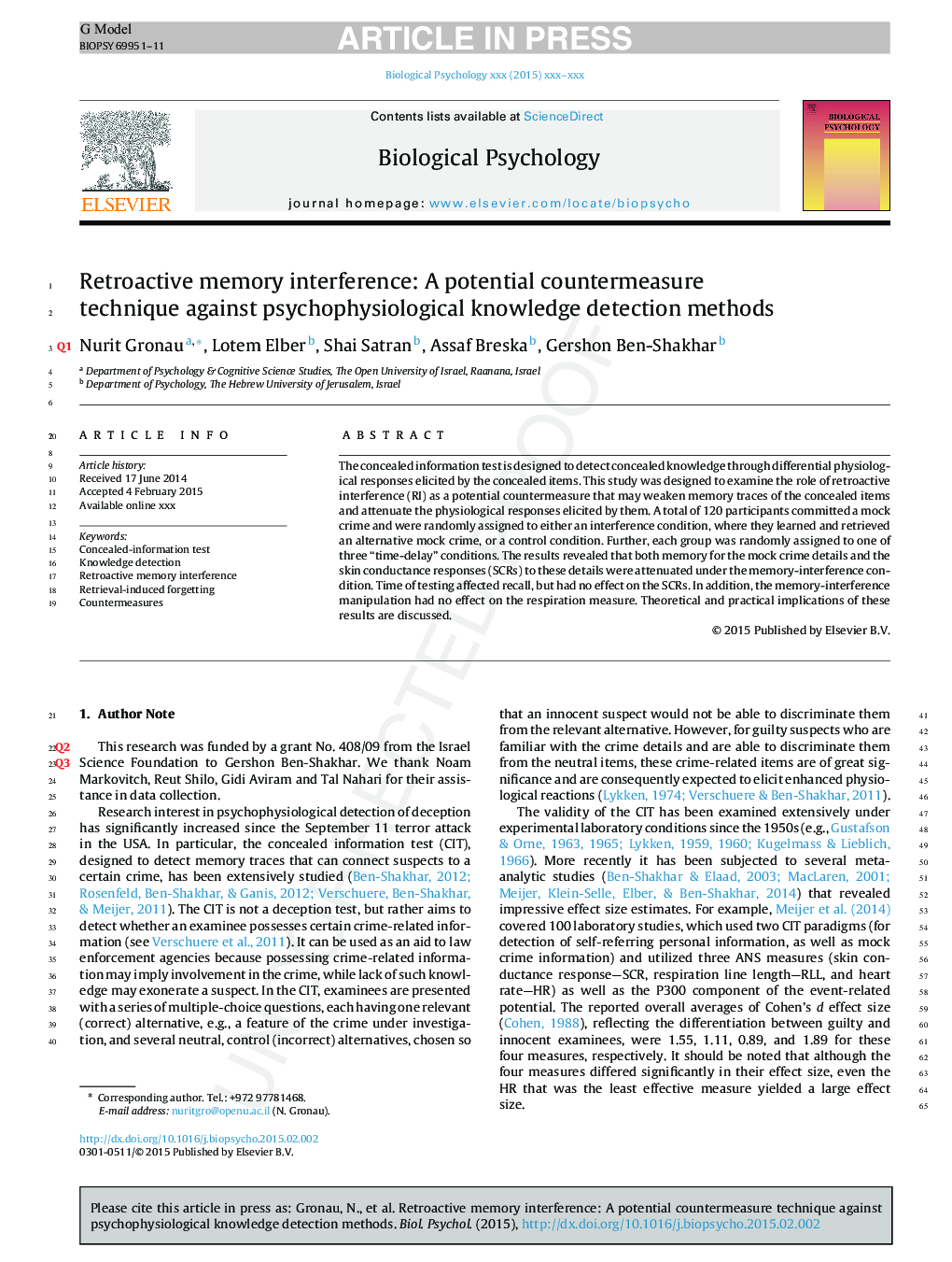 Retroactive memory interference: A potential countermeasure technique against psychophysiological knowledge detection methods