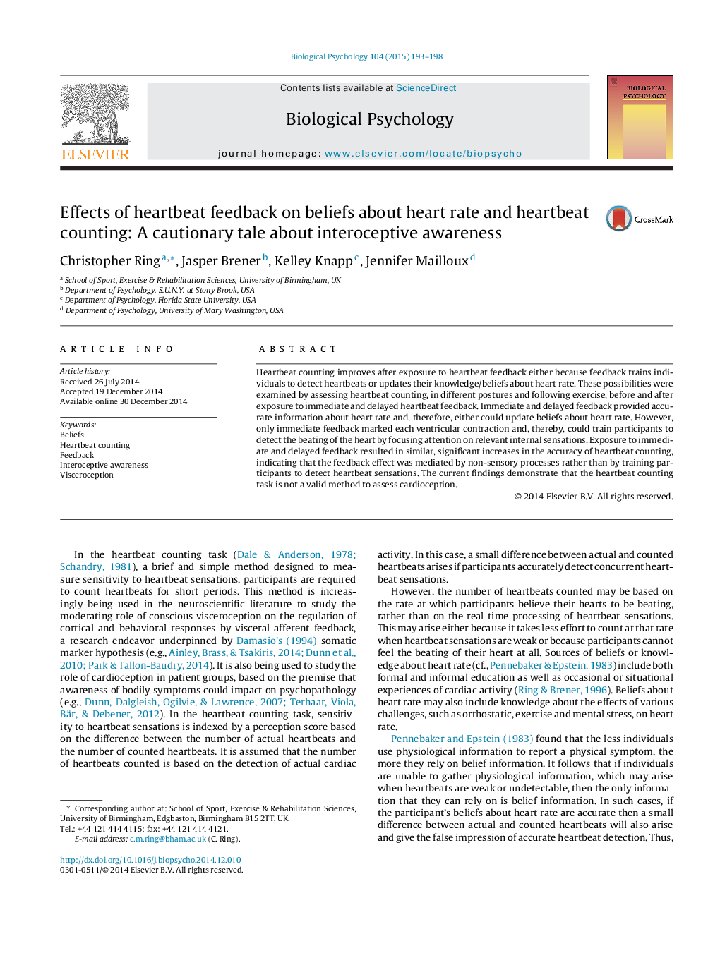 Effects of heartbeat feedback on beliefs about heart rate and heartbeat counting: A cautionary tale about interoceptive awareness