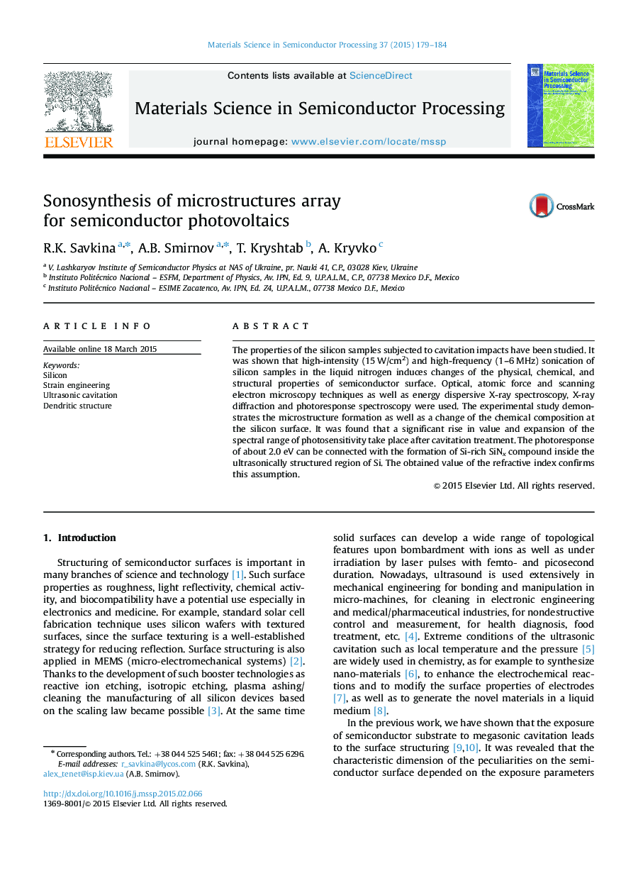 Sonosynthesis of microstructures array for semiconductor photovoltaics