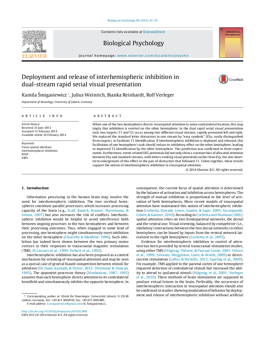 Deployment and release of interhemispheric inhibition in dual-stream rapid serial visual presentation