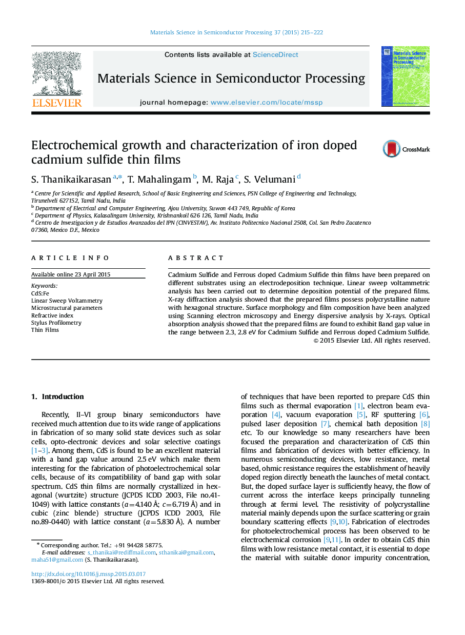 Electrochemical growth and characterization of iron doped cadmium sulfide thin films