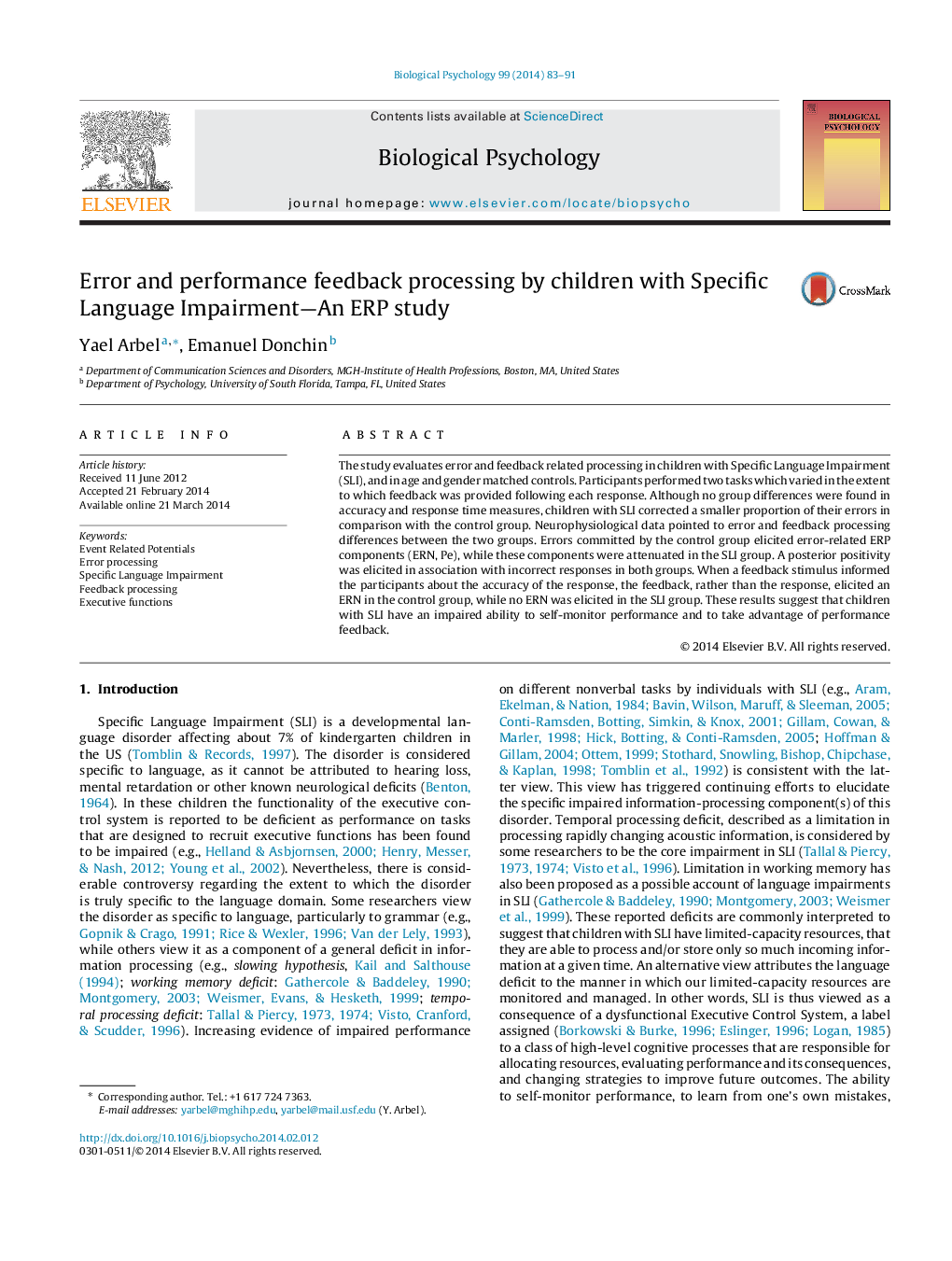 عکس صفحه اول مقاله: Error and performance feedback processing by children with Specific Language Impairment-An ERP study Error and performance feedback processing by children with Specific Language Impairment-An ERP study