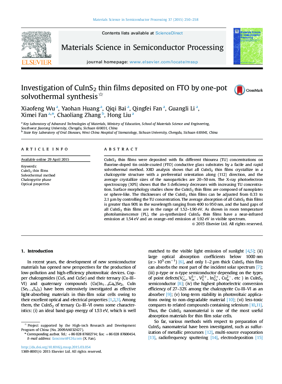 Investigation of CuInS2 thin films deposited on FTO by one-pot solvothermal synthesis 