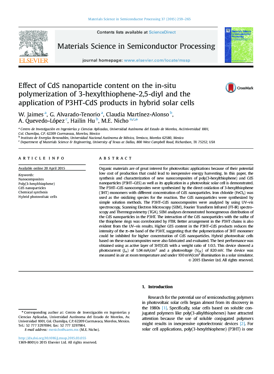 Effect of CdS nanoparticle content on the in-situ polymerization of 3-hexylthiophene-2,5-diyl and the application of P3HT‐CdS products in hybrid solar cells