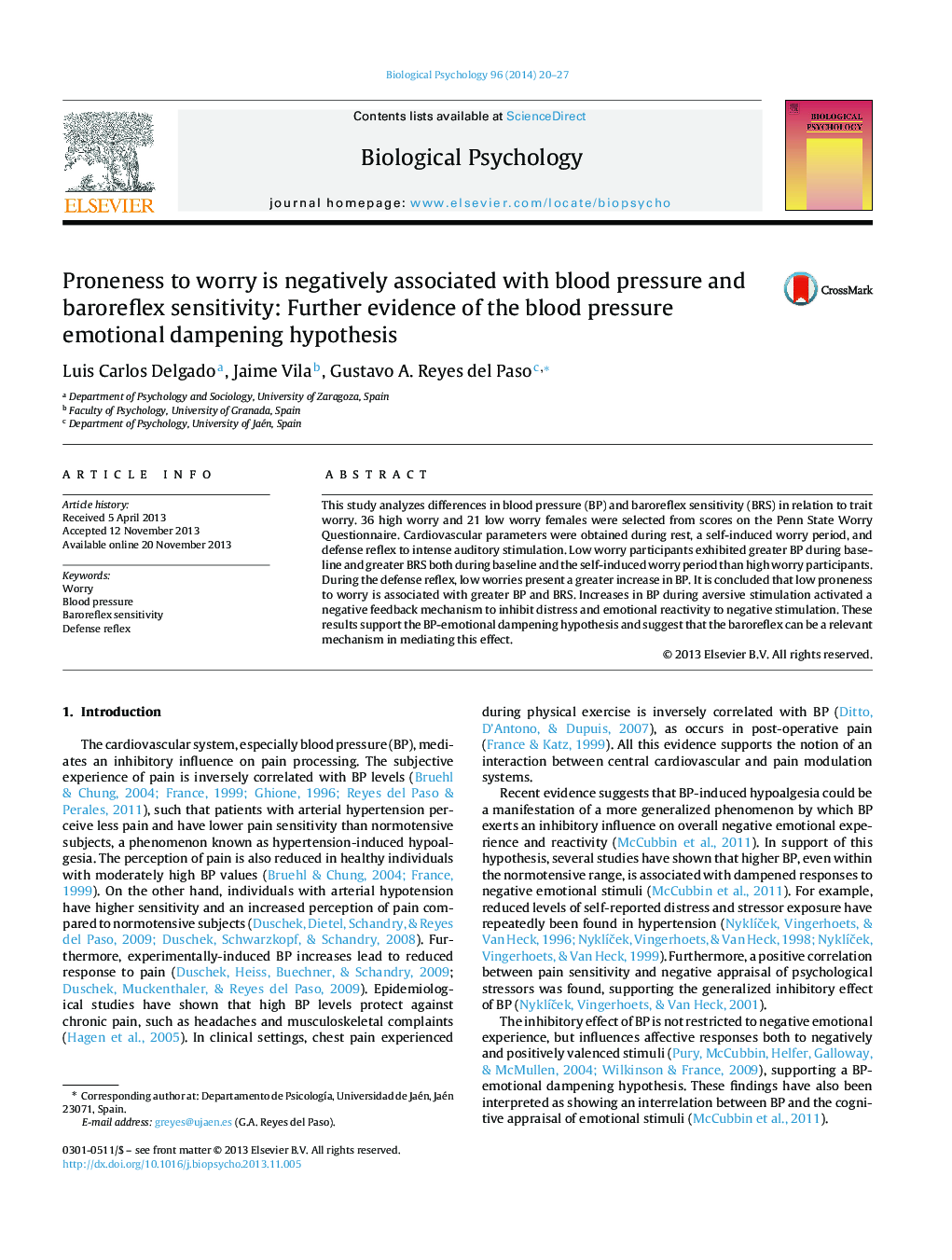 Proneness to worry is negatively associated with blood pressure and baroreflex sensitivity: Further evidence of the blood pressure emotional dampening hypothesis