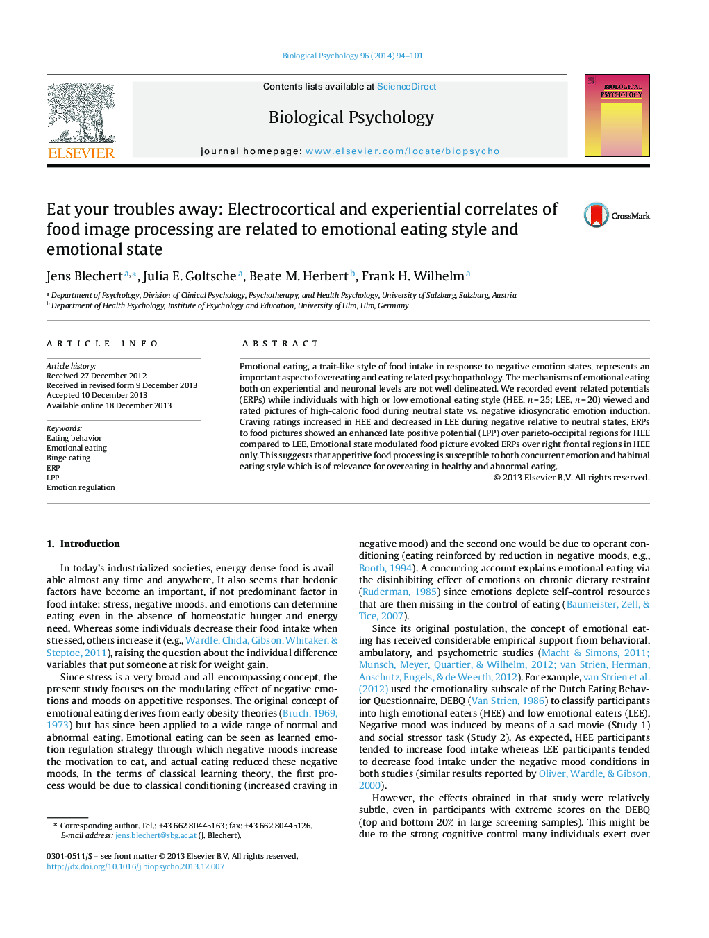 Eat your troubles away: Electrocortical and experiential correlates of food image processing are related to emotional eating style and emotional state