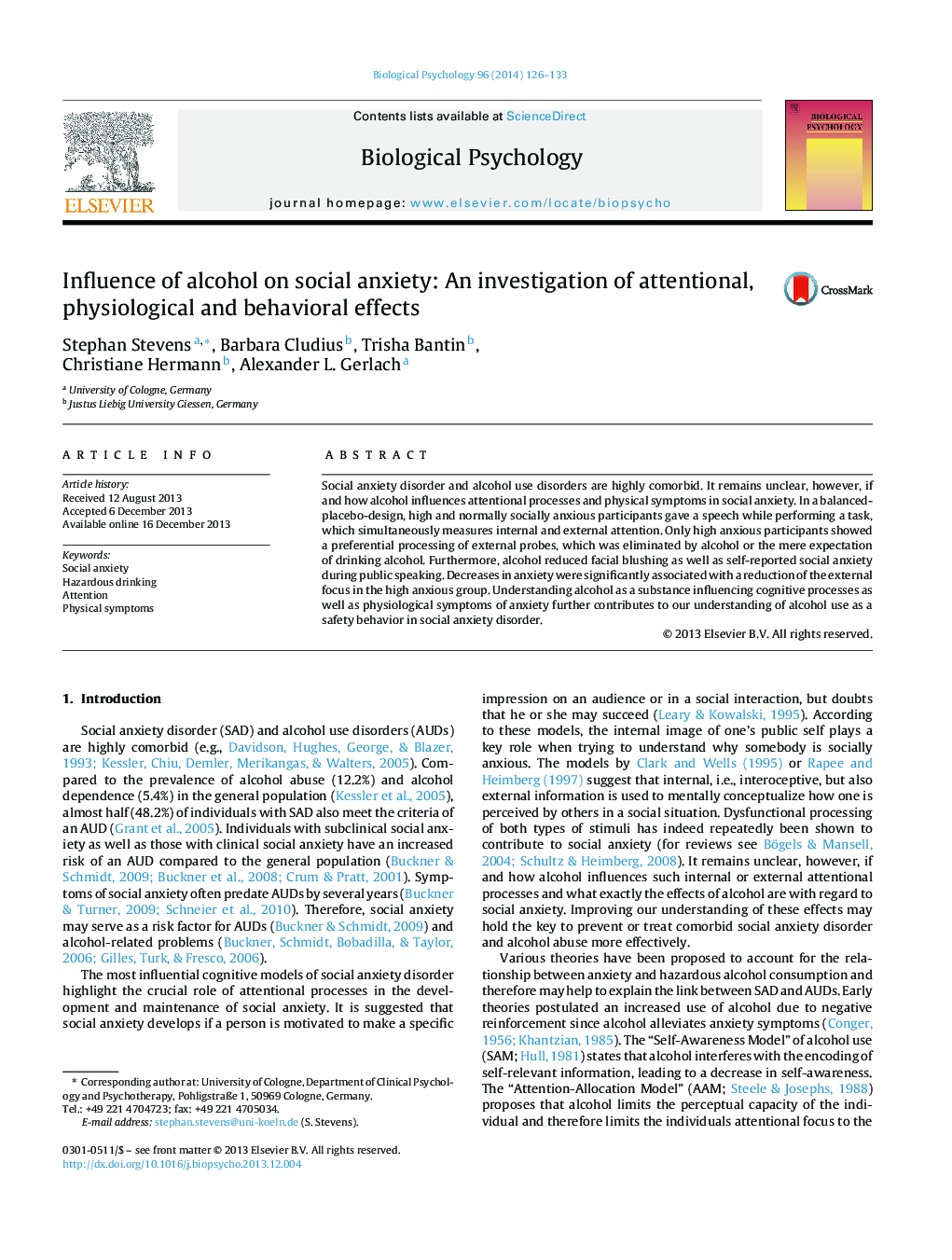 Influence of alcohol on social anxiety: An investigation of attentional, physiological and behavioral effects