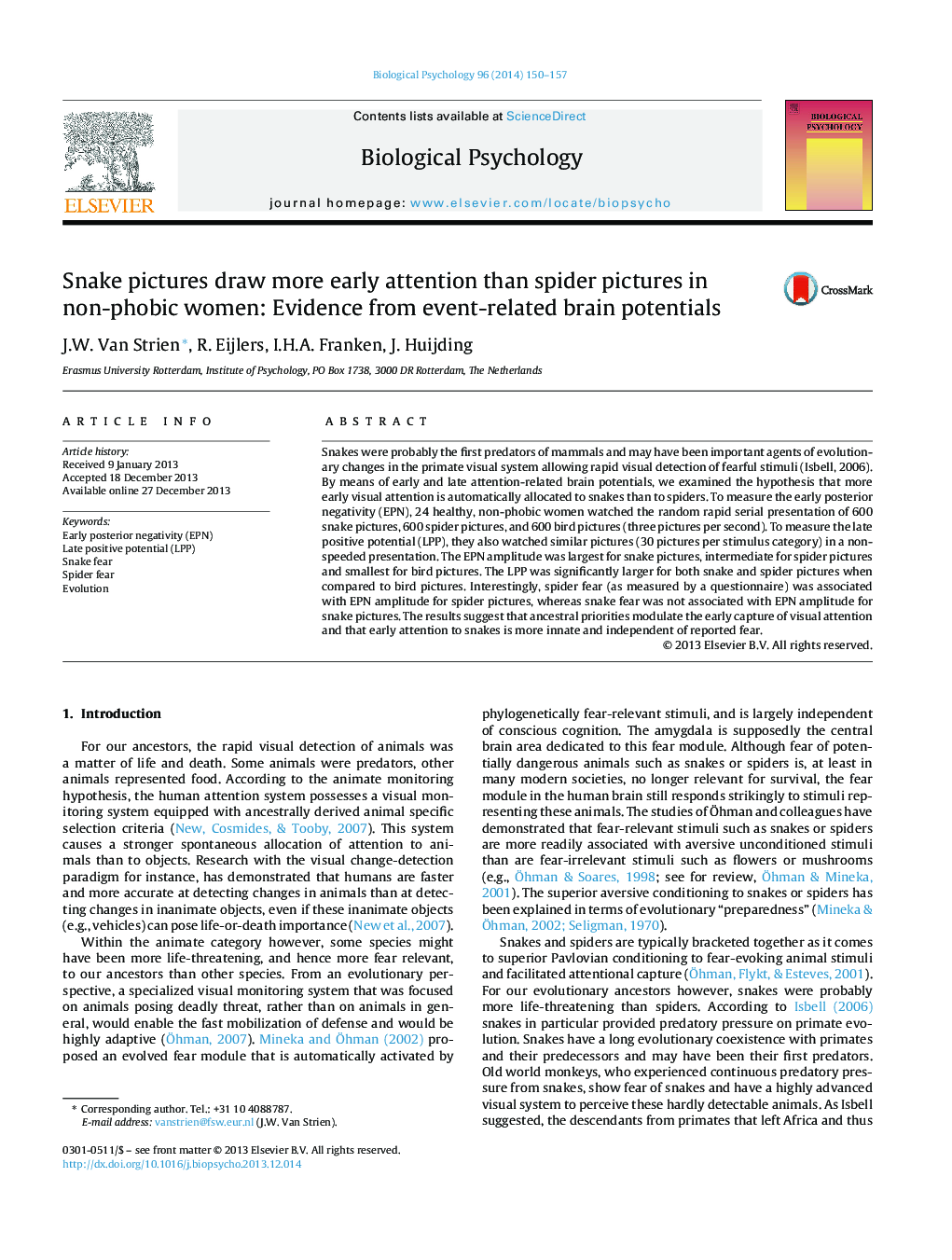 Snake pictures draw more early attention than spider pictures in non-phobic women: Evidence from event-related brain potentials