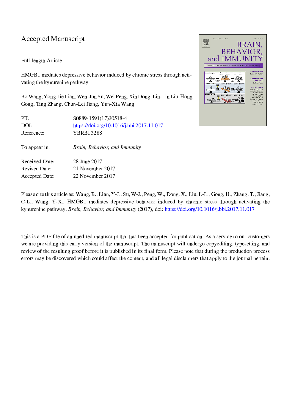 عکس صفحه اول مقاله: HMGB1 mediates depressive behavior induced by chronic stress through activating the kynurenine pathway HMGB1 mediates depressive behavior induced by chronic stress through activating the kynurenine pathway