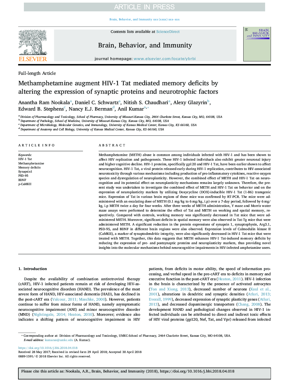 Methamphetamine augment HIV-1 Tat mediated memory deficits by altering the expression of synaptic proteins and neurotrophic factors